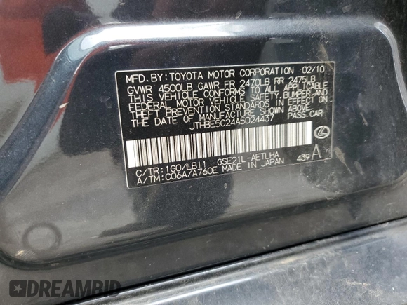 2010 Lexus IS 350 with VIN JTHBE5C24A5024437, listed as a Copart auction lot 43251535 with 154,276 mi miles and Clean Title. Bid and sale history available at DreamBid. Image 12.