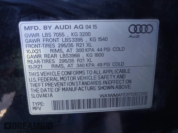 2015 Audi Q7 3.0L TDI Prestige with VIN WA1WMAFE2FD022262, listed as a IAAI auction lot 41969144 with 271,507 mi miles. Bid and sale history available at carsss.com. Image 9.