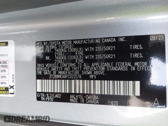 2023 Lexus RX 350h with VIN 2T2BBMCA8PC022516, listed as a IAAI auction lot 42105640 with 15,965 mi miles and . Bid and sale history available at DreamBid. Image 9.