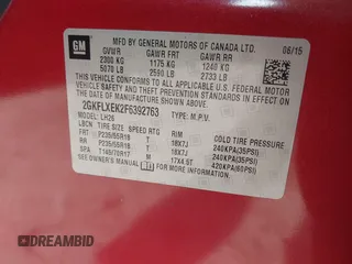 2015 GMC Terrain SLT with VIN 2GKFLXEK2F6392763, listed as a IAAI auction lot 41785630 with 190,080 mi miles and . Bid and sale history available at carsss.com. Image 9.