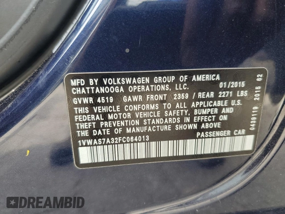 2015 Volkswagen Passat S with VIN 1VWAS7A32FC064013, listed as a Copart auction lot 53901155 with 148,330 mi miles and Salvage title. Bid and sale history available at DreamBid. Image 13.