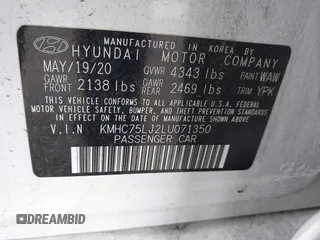 2020 Hyundai Ioniq SE with VIN KMHC75LJ2LU071350, listed as a IAAI auction lot 42169600 with 74,011 mi miles and . Bid and sale history available at DreamBid. Image 9.