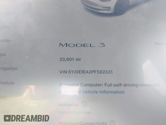 2023 Tesla Model 3 with VIN 5YJ3E1EA2PF582331, listed as a IAAI auction lot 41043858 with 33,601 mi miles and . Bid and sale history available at DreamBid. Image 7.