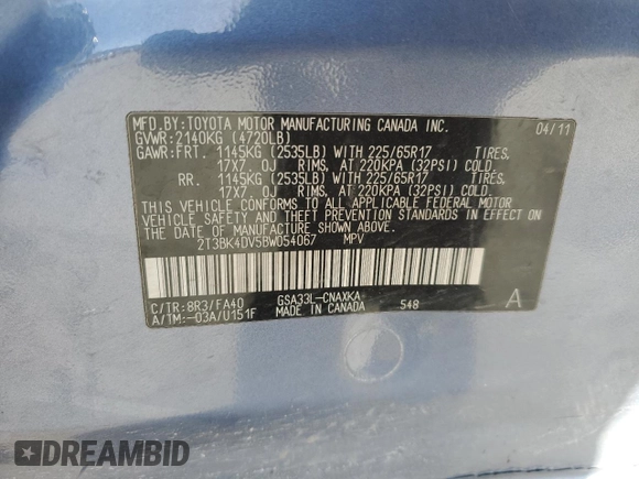2011 Toyota RAV4 with VIN 2T3BK4DV5BW054067, listed as a Copart auction lot 52183995 with 124,547 mi miles and Salvage Title. Bid and sale history available at carsss.com. Image 14.