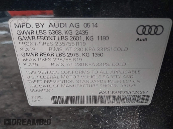 2014 Audi Q5 Premium Plus with VIN WA1LFAFP7EA124297, listed as a IAAI auction lot 41304869 with 109,545 mi miles. Bid and sale history available at carsss.com. Image 9.