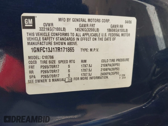 2007 Chevrolet Tahoe LTZ with VIN 1GNFC13J17R171865, listed as a IAAI auction lot 42472292 with 189,136 mi miles and . Bid and sale history available at DreamBid. Image 9.