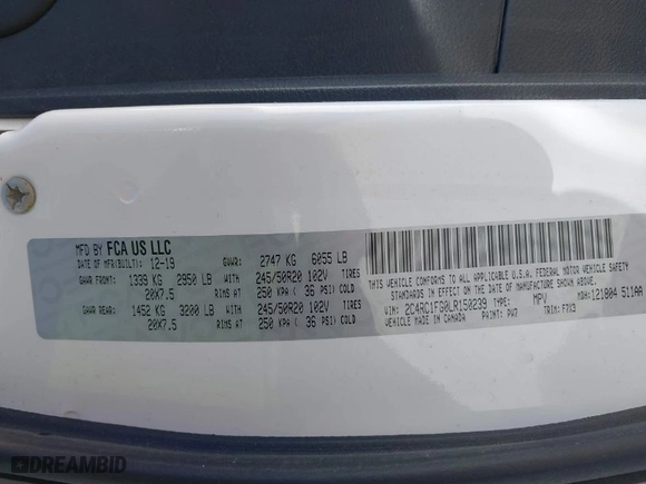2020 Chrysler Pacifica Touring with VIN 2C4RC1FG0LR150239, listed as a IAAI auction lot 41412653 with 71,693 mi miles. Bid and sale history available at carsss.com. Image 9.