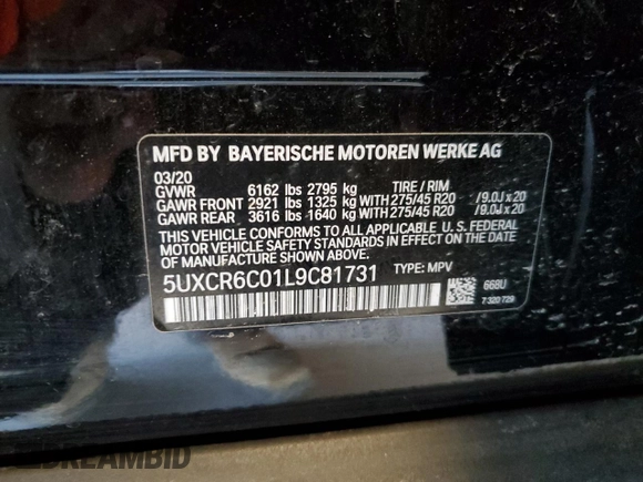 2020 BMW X5 xDrive40i with VIN 5UXCR6C01L9C81731, listed as a Copart auction lot 61017435 with 51,190 mi miles and Salvage title. Bid and sale history available at DreamBid. Image 13.