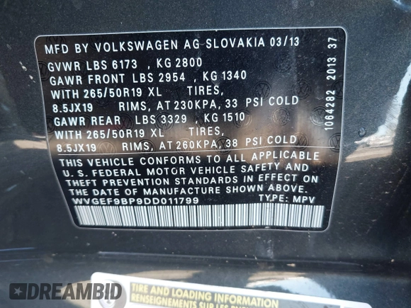 2013 Volkswagen Touareg Exec z VIN WVGEF9BP9DD011799, wystawiony jako IAAI lot #41615162 z przebiegiem 137 054 mil mil oraz . Historia ofert i sprzedaży dostępna na DreamBid. Obrazek 9.