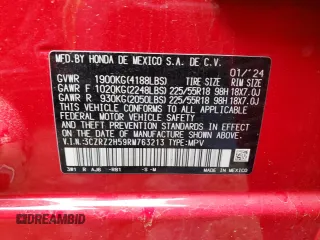 2024 Honda HR-V Sport with VIN 3CZRZ2H59RM763213, listed as a Copart auction lot 52388375 with 65,860 mi miles and Salvage title. Bid and sale history available at DreamBid. Image 12.