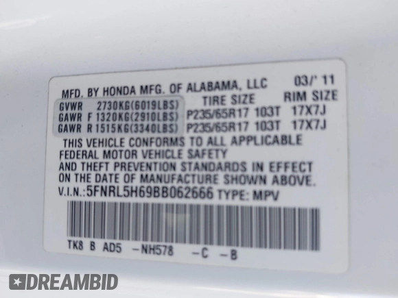 2011 Honda Odyssey EX-L with VIN 5FNRL5H69BB062666, listed as a IAAI auction lot 41829319 with 152,105 mi miles and . Bid and sale history available at carsss.com. Image 9.