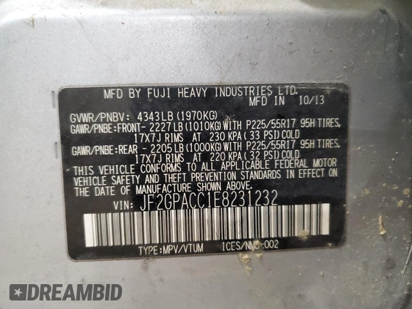 2014 Subaru Crosstrek Premium with VIN JF2GPACC1E8231232, listed as a Copart auction lot 51046235 with 133,457 mi miles and Salvage title. Bid and sale history available at DreamBid. Image 16.