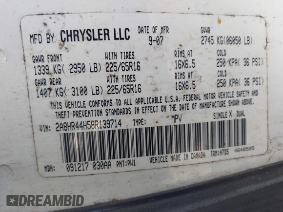 2008 Chrysler Town & Country LX with VIN 2A8HR44H58R139714, listed as a IAAI auction lot 41134005 with 184,567 mi miles. Bid and sale history available at carsss.com. Image 9.