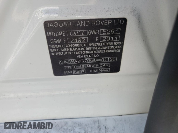 2016 Jaguar XJ Portfolio with VIN SAJWA2G70G8W01136, listed as a Copart auction lot 50120455 with 92,224 mi miles and Salvage title. Bid and sale history available at DreamBid. Image 13.