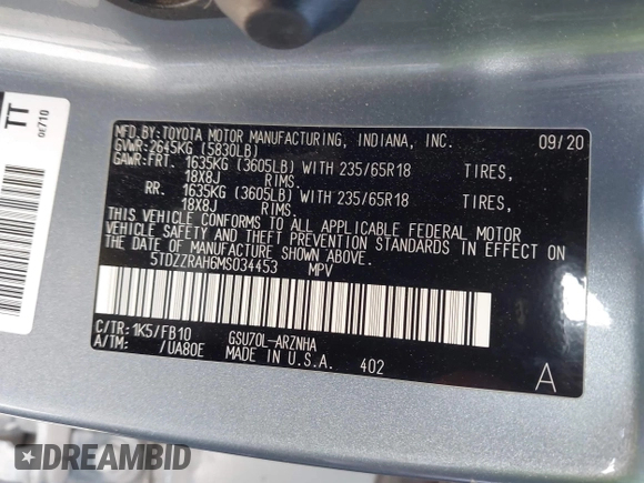 2021 Toyota Highlander L with VIN 5TDZZRAH6MS034453, listed as a IAAI auction lot 41779805 with 128,574 mi miles and . Bid and sale history available at DreamBid. Image 9.