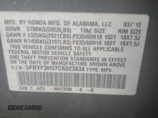 2012 Honda Pilot EX-L with VIN 5FNYF3H57CB023834, listed as a Copart auction lot 44232775 with 186,919 mi miles and Salvage Title. Bid and sale history available at carsss.com. Image 15.