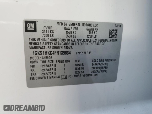 2015 GMC Yukon XL SLT with VIN 1GKS1HKC4FR139634, listed as a Copart auction lot 42974045 with 0 mi miles and Salvage Title. Bid and sale history available at carsss.com. Image 13.