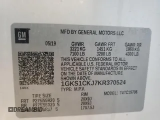 2019 GMC Yukon Denali with VIN 1GKS1CKJ7KR370524, listed as a Copart auction lot 77344394 with 39,753 mi miles and Salvage Title. Bid and sale history available at carsss.com. Image 13.