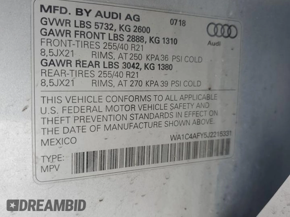 2018 Audi SQ5 Prestige with VIN WA1C4AFY5J2215331, listed as a Copart auction lot 86242054 with 61,457 mi miles and Clean Title. Bid and sale history available at DreamBid. Image 14.