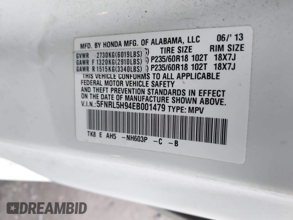 2014 Honda Odyssey Touring with VIN 5FNRL5H94EB001479, listed as a IAAI auction lot 41123678 with 147,269 mi miles and . Bid and sale history available at carsss.com. Image 9.