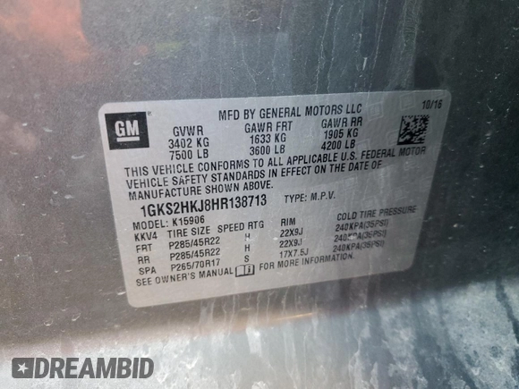 2017 GMC Yukon XL Denali with VIN 1GKS2HKJ8HR138713, listed as a Copart auction lot 48398095 with 170,066 mi miles and Salvage Title. Bid and sale history available at carsss.com. Image 15.