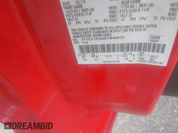 2014 Ford F-150 XL with VIN 1FTEX1EM2EFB48870, listed as a IAAI auction lot 42798560 with 78,191 mi miles and . Bid and sale history available at DreamBid. Image 9.