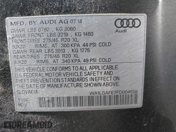 2015 Audi Q7 Premium Plus с VIN WA1LGAFE7FD004558, выставлен на аукционе IAAI как лот 42286634 с пробегом 102 233 миль миль и . История ставок и продаж доступна на DreamBid. Изображение 9.