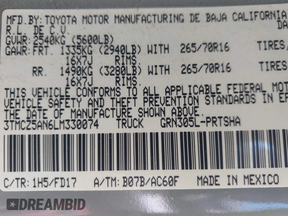 2020 Toyota Tacoma SR5 z VIN 3TMCZ5AN6LM330074, wystawiony jako IAAI lot #41982461 z przebiegiem 43 756 mil mil oraz . Historia ofert i sprzedaży dostępna na DreamBid. Obrazek 9.