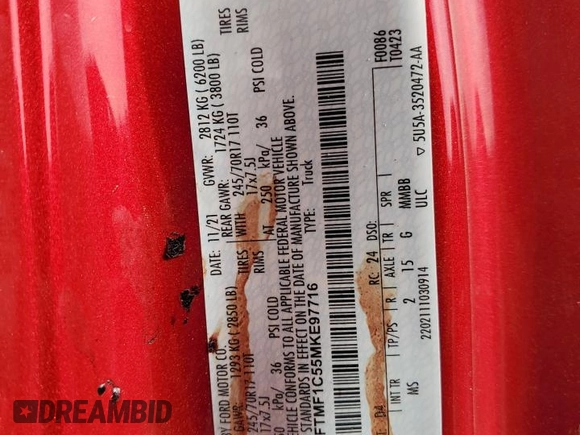 2021 Ford F-150 XL z VIN 1FTMF1C55MKE97716, wystawiony jako Copart lot #47606225 z przebiegiem Nie podano mil oraz Nie do naprawy • Non repairable. Historia ofert i sprzedaży dostępna na DreamBid. Obrazek 12.