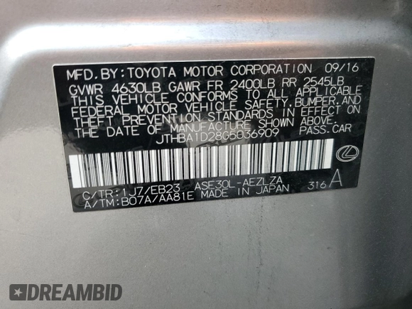 2016 Lexus IS 200t with VIN JTHBA1D28G5036909, listed as a Copart auction lot 59609255 with 141,049 mi miles and Salvage title. Bid and sale history available at DreamBid. Image 12.