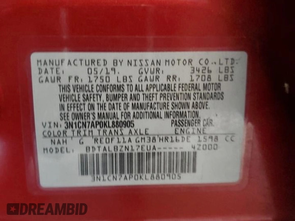 2019 Nissan Versa SV with VIN 3N1CN7AP0KL880905, listed as a Copart auction lot 62535345 with 42,312 mi miles and Salvage title. Bid and sale history available at DreamBid. Image 13.