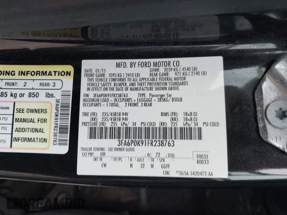 2015 Ford Fusion Titanium with VIN 3FA6P0K91FR238763, listed as a IAAI auction lot 41855030 with 162,060 mi miles. Bid and sale history available at carsss.com. Image 9.