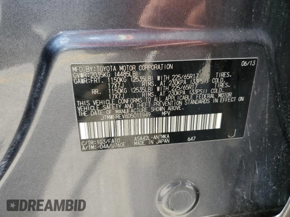 2013 Toyota RAV4 XLE with VIN JTMWFREV6D5011949, listed as a Copart auction lot 63377145 with 182,517 mi miles and Salvage title. Bid and sale history available at DreamBid. Image 12.