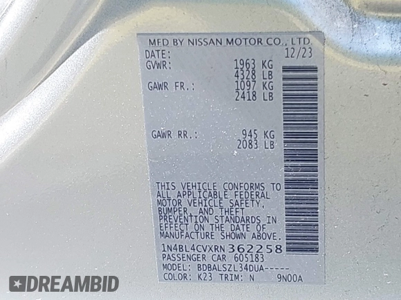 2024 Nissan Altima SR z VIN 1N4BL4CVXRN362258, wystawiony jako IAAI lot #42346465 z przebiegiem 40 265 mil mil oraz . Historia ofert i sprzedaży dostępna na DreamBid. Obrazek 9.