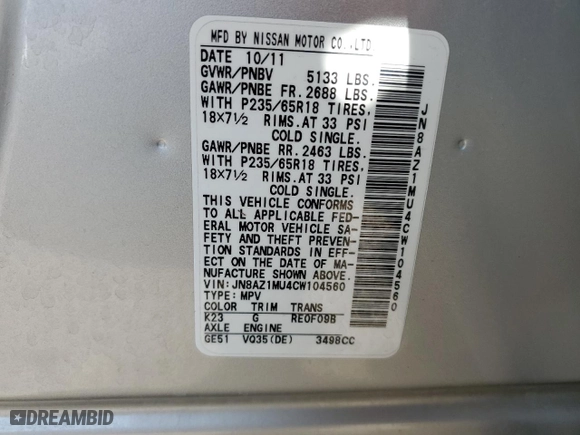 2012 Nissan Murano SL with VIN JN8AZ1MU4CW104560, listed as a Copart auction lot 51318235 with 125,928 mi miles and Salvage Title. Bid and sale history available at carsss.com. Image 16.