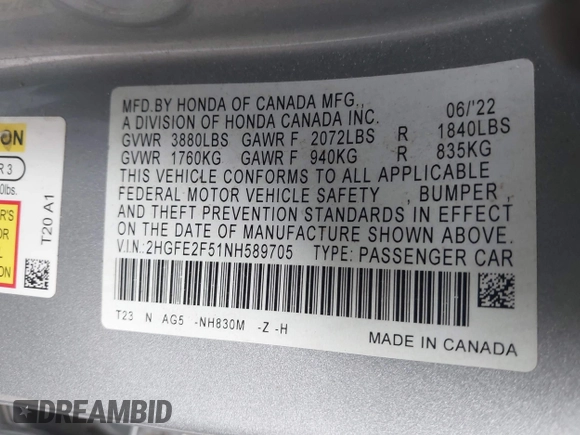 2022 Honda Civic Sedan Sport with VIN 2HGFE2F51NH589705, listed as a IAAI auction lot 41474117 with 44,672 mi miles. Bid and sale history available at carsss.com. Image 9.