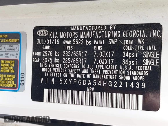 2017 Kia Sorento LX with VIN 5XYPGDA54HG221439, listed as a IAAI auction lot 42218760 with 152,475 mi miles and . Bid and sale history available at carsss.com. Image 9.