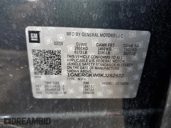 2019 Chevrolet Traverse LT Cloth with VIN 1GNERGKW0KJ262532, listed as a Copart auction lot 48403365 with 80,792 mi miles and Salvage Title. Bid and sale history available at carsss.com. Image 15.