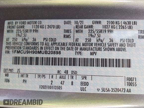 2021 Ford Escape SEL with VIN 1FMCU9H90MUB20898, listed as a IAAI auction lot 42471380 with 56,162 mi miles and . Bid and sale history available at DreamBid. Image 9.