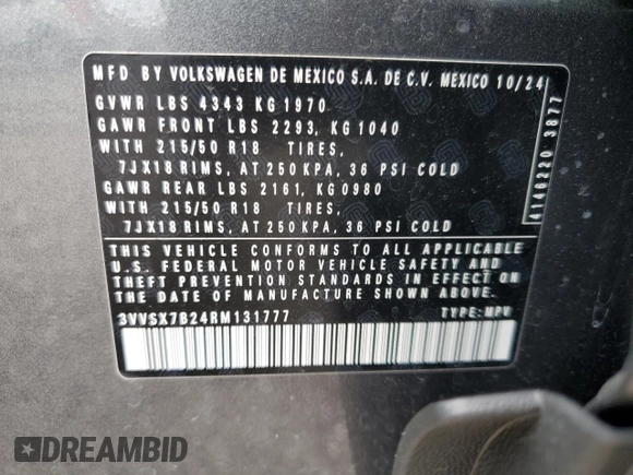 2024 Volkswagen Taos SE z VIN 3VVSX7B24RM131777, wystawiony jako Copart lot #59668105 z przebiegiem 11 100 mil mil oraz Nie do naprawy • Non repairable. Historia ofert i sprzedaży dostępna na DreamBid. Obrazek 14.