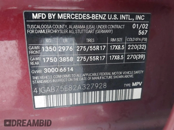2002 Mercedes-Benz M 320/430/500 with VIN 4JGAB75E82A327928, listed as a IAAI auction lot 41694926 with 190,187 mi miles and . Bid and sale history available at DreamBid. Image 9.