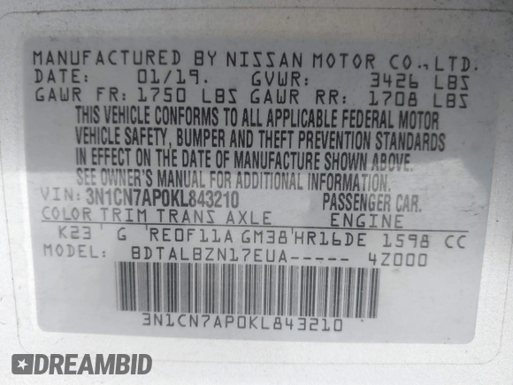 2019 Nissan Versa SV z VIN 3N1CN7AP0KL843210, wystawiony jako IAAI lot #42153678 z przebiegiem 94 408 mil mil oraz . Historia ofert i sprzedaży dostępna na DreamBid. Obrazek 9.