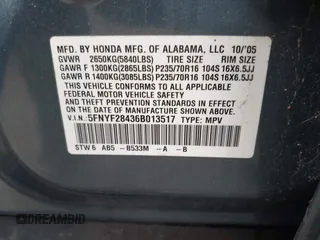 2006 Honda Pilot EX with VIN 5FNYF28436B013517, listed as a IAAI auction lot 41607406 with 235,561 mi miles and . Bid and sale history available at DreamBid. Image 9.