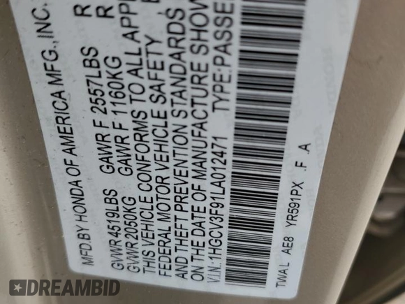 2020 Honda Accord Touring z VIN 1HGCV3F91LA012471, wystawiony jako Copart lot #52316774 z przebiegiem 55 482 mil mil oraz Szkoda całkowita • Salvage title. Historia ofert i sprzedaży dostępna na DreamBid. Obrazek 12.
