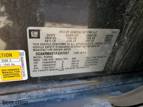 2015 Buick Enclave Leather with VIN 5GAKRBKD1FJ347657, listed as a Copart auction lot 47371515 with 0 mi miles and Non Repairable. Bid and sale history available at carsss.com. Image 13.