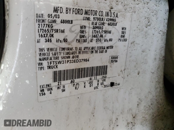 2003 Ford F-350 XL с VIN 1FTSW31P33ED37984, выставлен на аукционе Copart как лот 58016985 с пробегом 238 369 миль миль и Списание • Salvage title. История ставок и продаж доступна на DreamBid. Изображение 12.