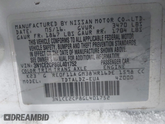 2016 Nissan Note SV with VIN 3N1CE2CP8GL401752, listed as a IAAI auction lot 41348880 with Not Provided miles and . Bid and sale history available at DreamBid. Image 9.