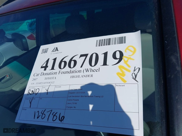 2007 Toyota Highlander with VIN JTEHP21A970187522, listed as a IAAI auction lot 41667019 with 128,786 mi miles. Bid and sale history available at carsss.com. Image 12.