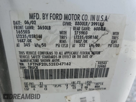 2002 Ford Super Duty F-250 XL with VIN 1FTNF20L52ED47162, listed as a Copart auction lot 79675304 with 216,687 mi miles and Salvage Title. Bid and sale history available at carsss.com. Image 12.