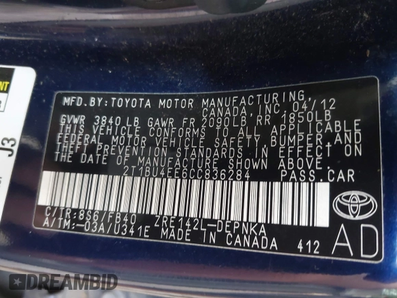 2012 Toyota Corolla L with VIN 2T1BU4EE6CC836284, listed as a IAAI auction lot 42135869 with 197,099 mi miles. Bid and sale history available at carsss.com. Image 9.